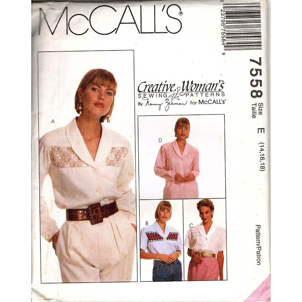 McCalls 7558 Misses 14 to 18 Shawl Collar Blouses Vintage Sewing Pattern